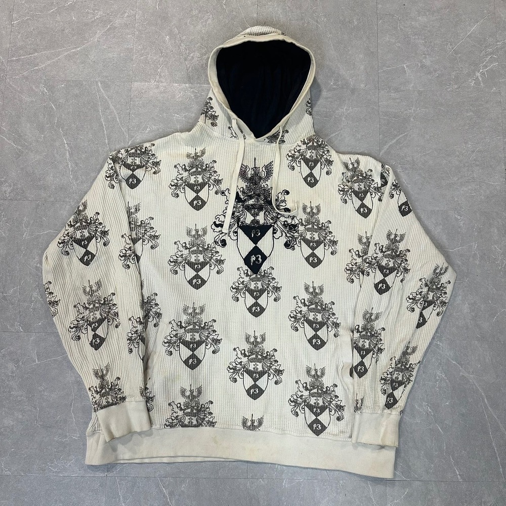 Fusion Mens 2XLT Waffle Knit Thermal Hoodie All Over Crest Print Y2K Cream